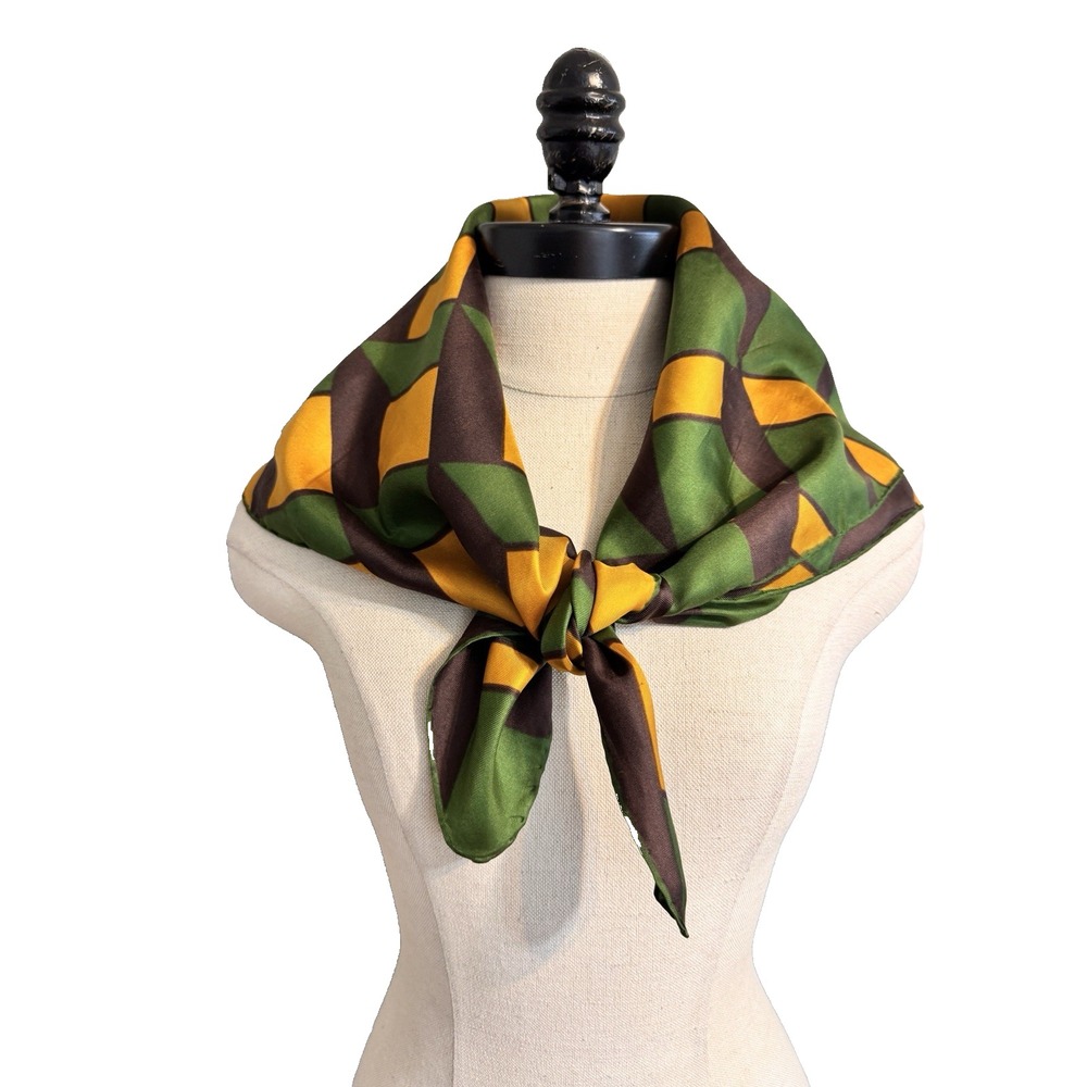 ECHO 100% Pure Silk Vintage Cubism Scarf Large 30x30 Green Gold Brown RN 26128